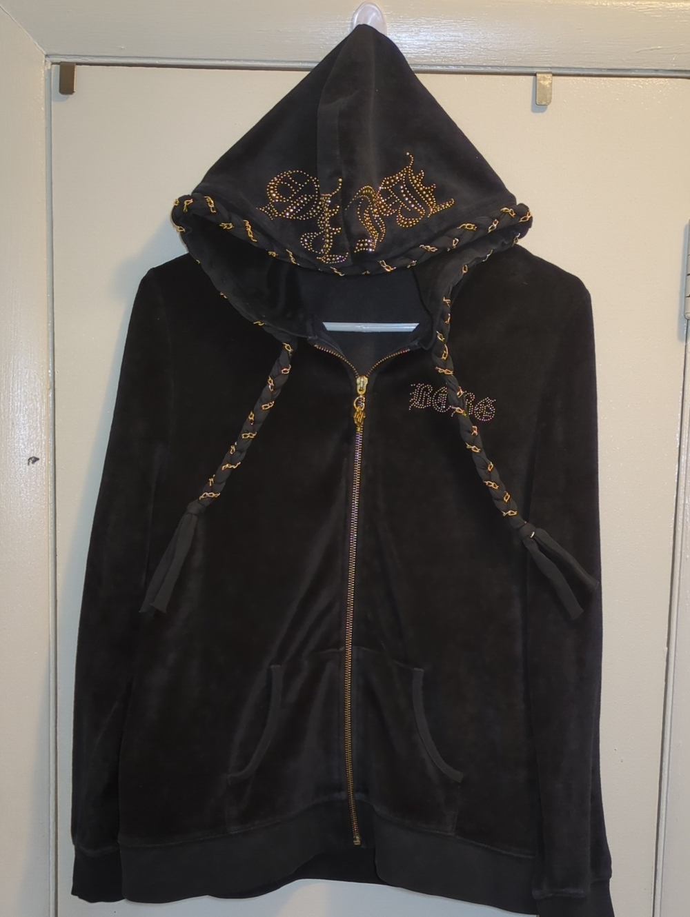 Vintage Y2K BCBGMaxAzria Black Velour Zip-Up Hoodie with Gold Embellishment $75